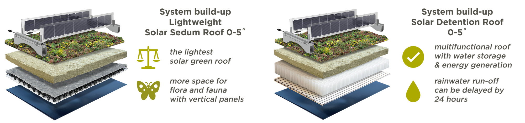 System structure for lightweight solar sedum roof and solar detention roof